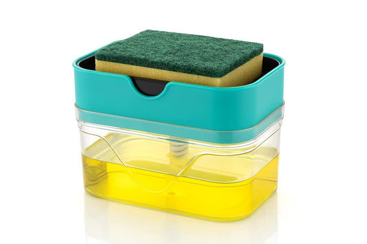 2 in 1 Plastic Soap Dispenser with Sponge Holder, Dispenser Soap Pump, Liquid Dish wash Dispenser Set Cleaning, Sink Dishwasher Liquid, Gel, Shampoo.