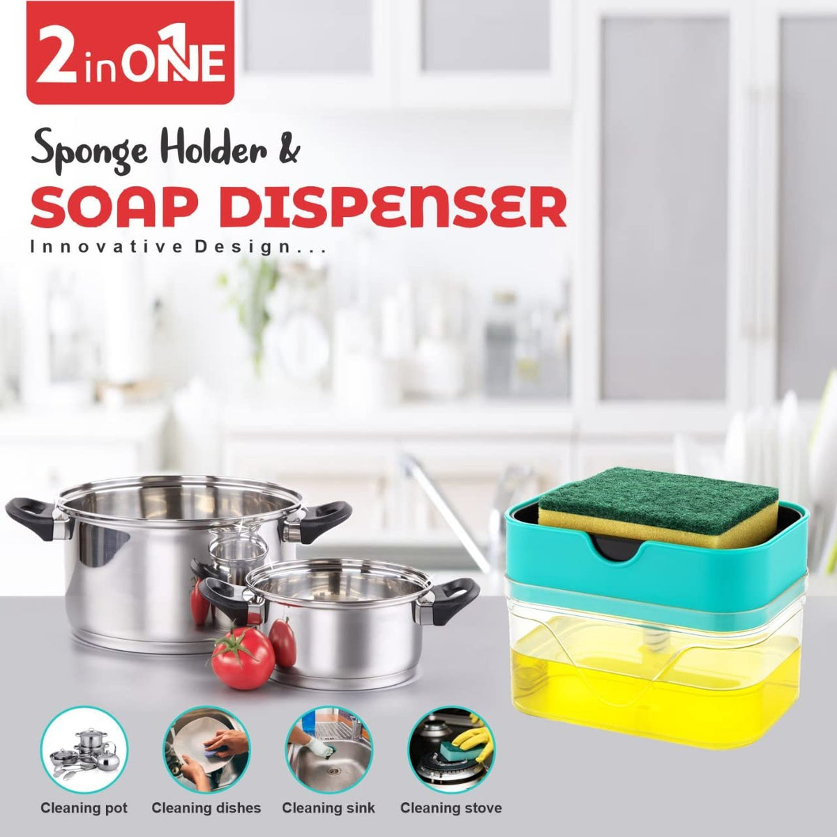 2 in 1 Plastic Soap Dispenser with Sponge Holder, Dispenser Soap Pump, Liquid Dish wash Dispenser Set Cleaning, Sink Dishwasher Liquid, Gel, Shampoo.