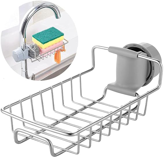 Kitchen Sink Caddy Organizer Over Faucet Sponge Holder, Stainless Steel Heavy Duty Thickening Hanging Faucet Drain Rack for Scrubbers, Soap, Bathroom, Detachable No Suction Cup or Magnet (silver)
