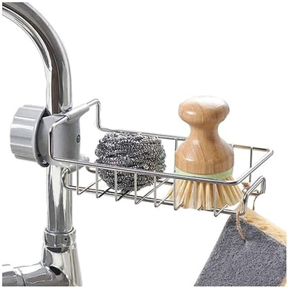 Kitchen Sink Caddy Organizer Over Faucet Sponge Holder, Stainless Steel Heavy Duty Thickening Hanging Faucet Drain Rack for Scrubbers, Soap, Bathroom, Detachable No Suction Cup or Magnet (silver)