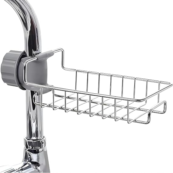 Kitchen Sink Caddy Organizer Over Faucet Sponge Holder, Stainless Steel Heavy Duty Thickening Hanging Faucet Drain Rack for Scrubbers, Soap, Bathroom, Detachable No Suction Cup or Magnet (silver)