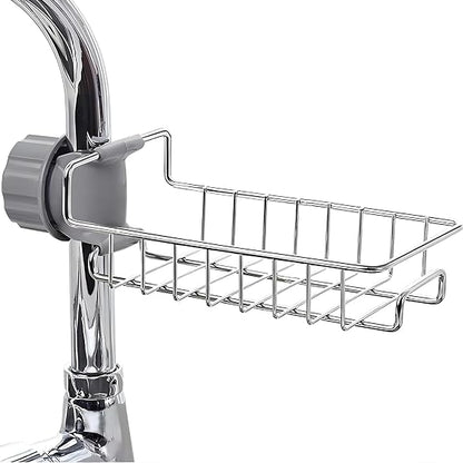 Kitchen Sink Caddy Organizer Over Faucet Sponge Holder, Stainless Steel Heavy Duty Thickening Hanging Faucet Drain Rack for Scrubbers, Soap, Bathroom, Detachable No Suction Cup or Magnet (silver)