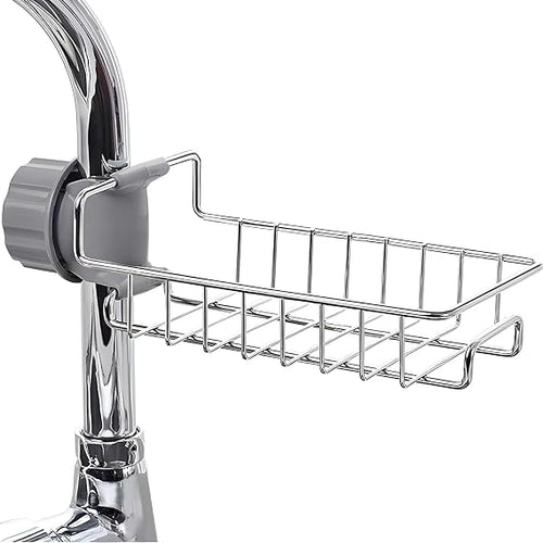 Kitchen Sink Caddy Organizer Over Faucet Sponge Holder, Stainless Steel Heavy Duty Thickening Hanging Faucet Drain Rack for Scrubbers, Soap, Bathroom, Detachable No Suction Cup or Magnet (silver)
