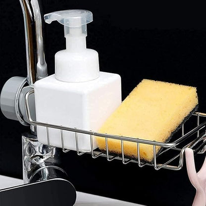 Kitchen Sink Caddy Organizer Over Faucet Sponge Holder, Stainless Steel Heavy Duty Thickening Hanging Faucet Drain Rack for Scrubbers, Soap, Bathroom, Detachable No Suction Cup or Magnet (silver)