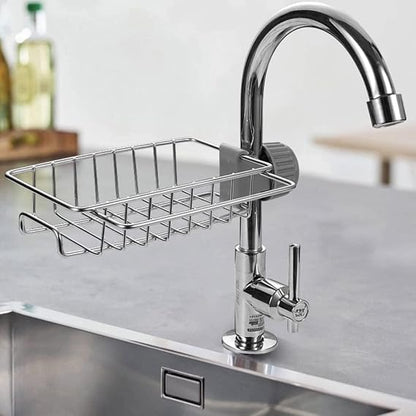 Kitchen Sink Caddy Organizer Over Faucet Sponge Holder, Stainless Steel Heavy Duty Thickening Hanging Faucet Drain Rack for Scrubbers, Soap, Bathroom, Detachable No Suction Cup or Magnet (silver)