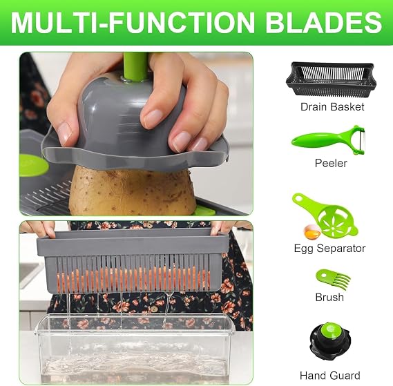 New 16 in 1 Veggie Slicer Multifunctional Vegetable Chopper Cutter Mandoline Slicer Versatile Kitchen Tool with Interchangeable Blades Basket and Storage Container (Multicolor)