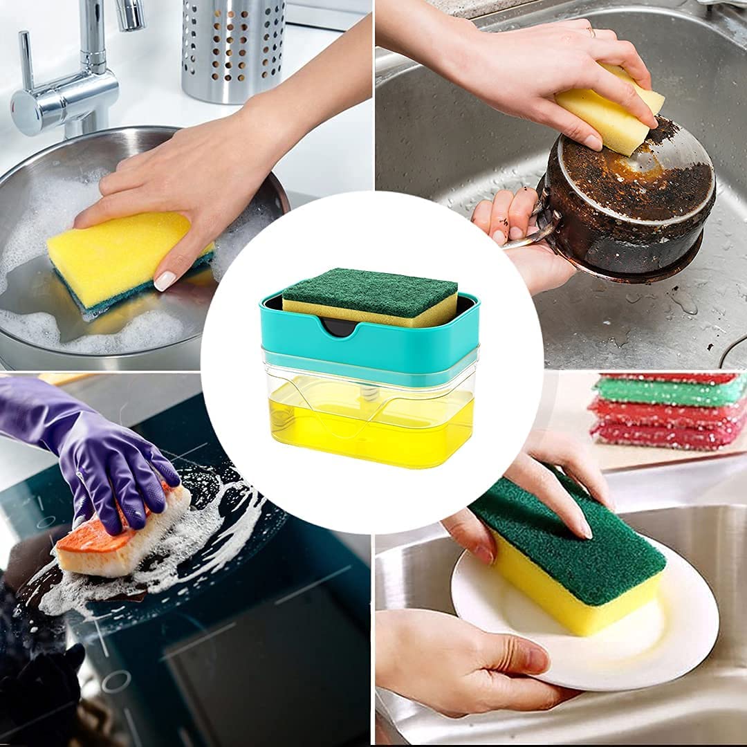 2 in 1 Plastic Soap Dispenser with Sponge Holder, Dispenser Soap Pump, Liquid Dish wash Dispenser Set Cleaning, Sink Dishwasher Liquid, Gel, Shampoo.