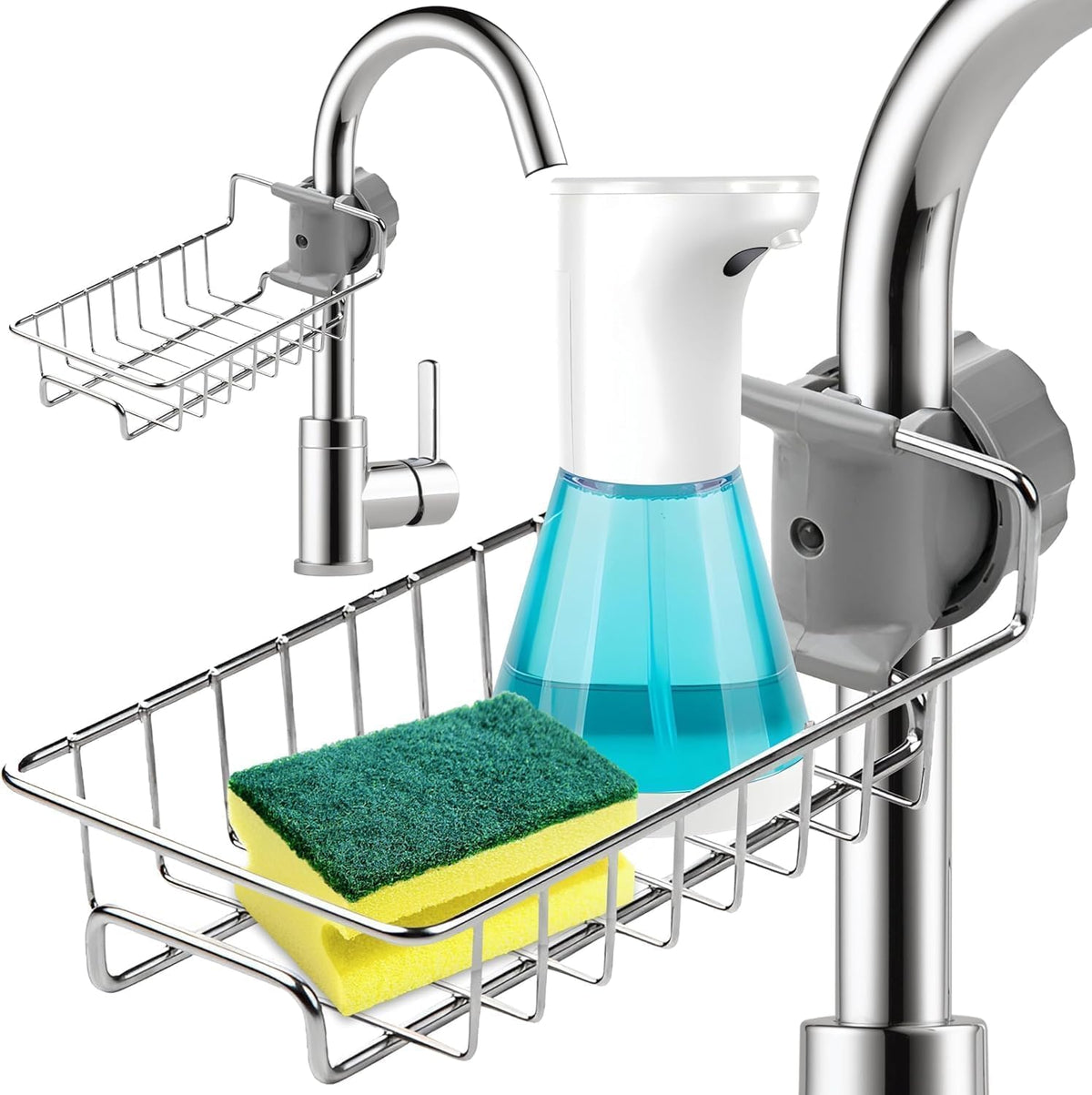 Kitchen Sink Caddy Organizer Over Faucet Sponge Holder, Stainless Steel Heavy Duty Thickening Hanging Faucet Drain Rack for Scrubbers, Soap, Bathroom, Detachable No Suction Cup or Magnet (silver)